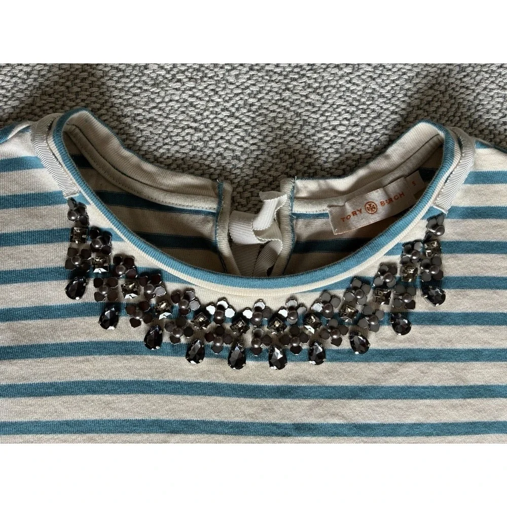 Tory Burch Embellished Striped Top Blue Cream Preppy Nautical Size S - Picture 12 of 14